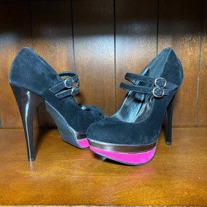Qupid Strappy Heels Stiletto Shoes Black with Pink Trim Size 6.5